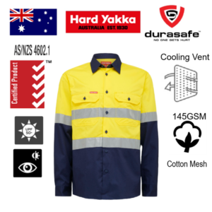 HARD YAKKA Y07940 Core Men Hi Vis Light Weight 2Tone Taped L/Sleeve Shirt Yellow/Navy