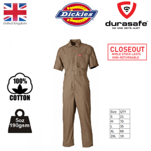 DICKIES WD2299 Short Sleeved Cotton Coverall 170gsm Khaki, Size S-3XL