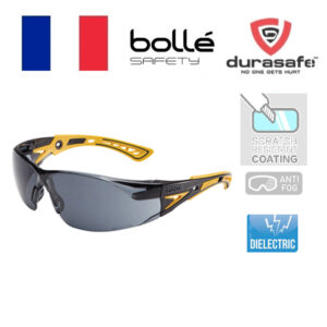 BOLLE Rush+ Safety Glasses Black/Yellow Frame Smoke Anti-Scratch/Anti-Fog Lens and Platinum Coating