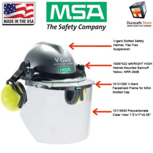 MSA V-Gard Slotted Safety Helmet, Fas-Trac Suspension c/w Earmuff, Bracket, Visor