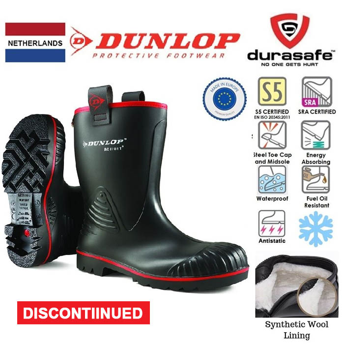 DUNLOP Acifort Rocker Full Safety Fur Lining PVC Boot Black Size  40 47