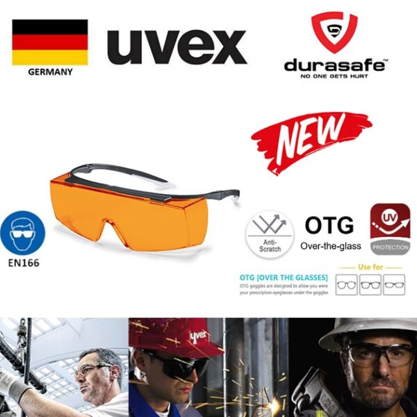 UVEX 9169615 Super F Over-the-Glass (OTG) Safety Spectacle Black Frame Orange Supravision Sapphire Len