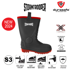 STORMTROOPER BLACK PVC SAFETY BOOTS WITH STEEL TOE CAP SIZE 7-12-EN ISO 20345