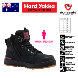 HARD YAKKA Y60333 3056 Women 5-Inch Lace Side-Zip Safety Boot Black, Size UK 3-8