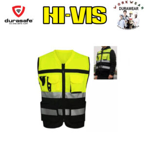 DURAWEAR Safety Vest Hi Visibility Yellow and Black Zipper with multi pockets Size L