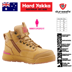 HARD YAKKA Y60331 3056 Women 5-Inch Lace Side-Zip Safety Boot Wheat Size UK 3-8