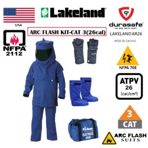LAKELAND Model AR26 Arc Flash Protective Suit, includes Hood, Coat, Bib Overall, Gloves, PVC Bag