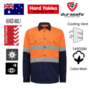 HARD YAKKA Y07940 Core Men Hi Vis Light Weight 2Tone Taped L/Sleeve Shirt Orange/Navy