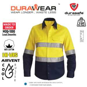 Durawear Cool Buster Hi-Vis Two Tone Work Shirt Yellow/Navy with Reflective Tape and cooling vent 100% cotton 180gsm