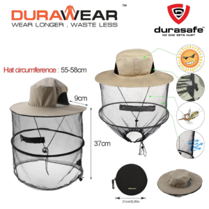 Durawear Mosquito Hiking Hat with shoulder mesh net foldable UV, Insect Repellent