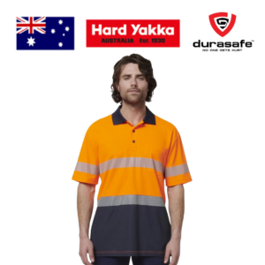 HARD YAKKA Y19618 Men Short Sleeve Hi Vis Taped Polo T-Shirt Orange/Navy Size M - 2XL