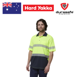 HARD YAKKA Y19618 Mens Short Sleeve Hi Vis Taped Polo Yellow/Navy Size M - 2XL