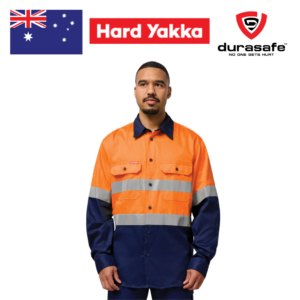 YAKKA Y04610 Core HI-Vis 2 Tone Taped Cotton Drill Shirt Orange/Navy